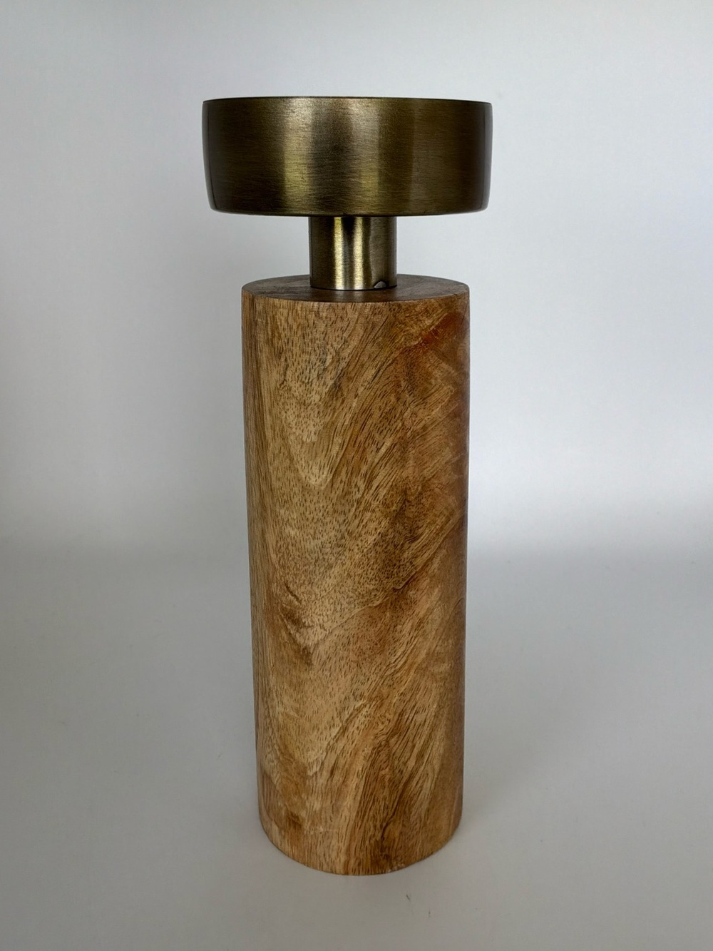 Modern Wood & Antique Brass Pedestal Candle Holder Decorative Stand